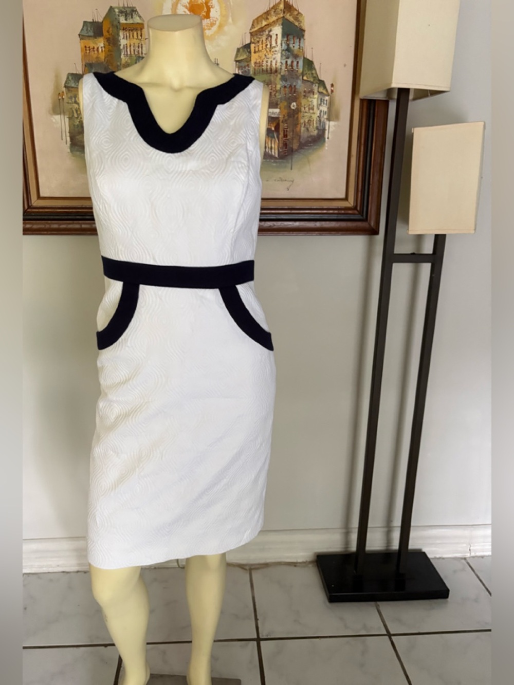 Milly of New York White Midi Sheath Dress with Black Trim and Pockets Size 4
